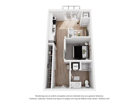 A 3D floor plan of a small apartment with a kitchen, living room, and bathroom.